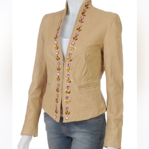 MARGARET GODFREY Crinkled Jeweled Leather Coat NWOT - Picture 2 of 12